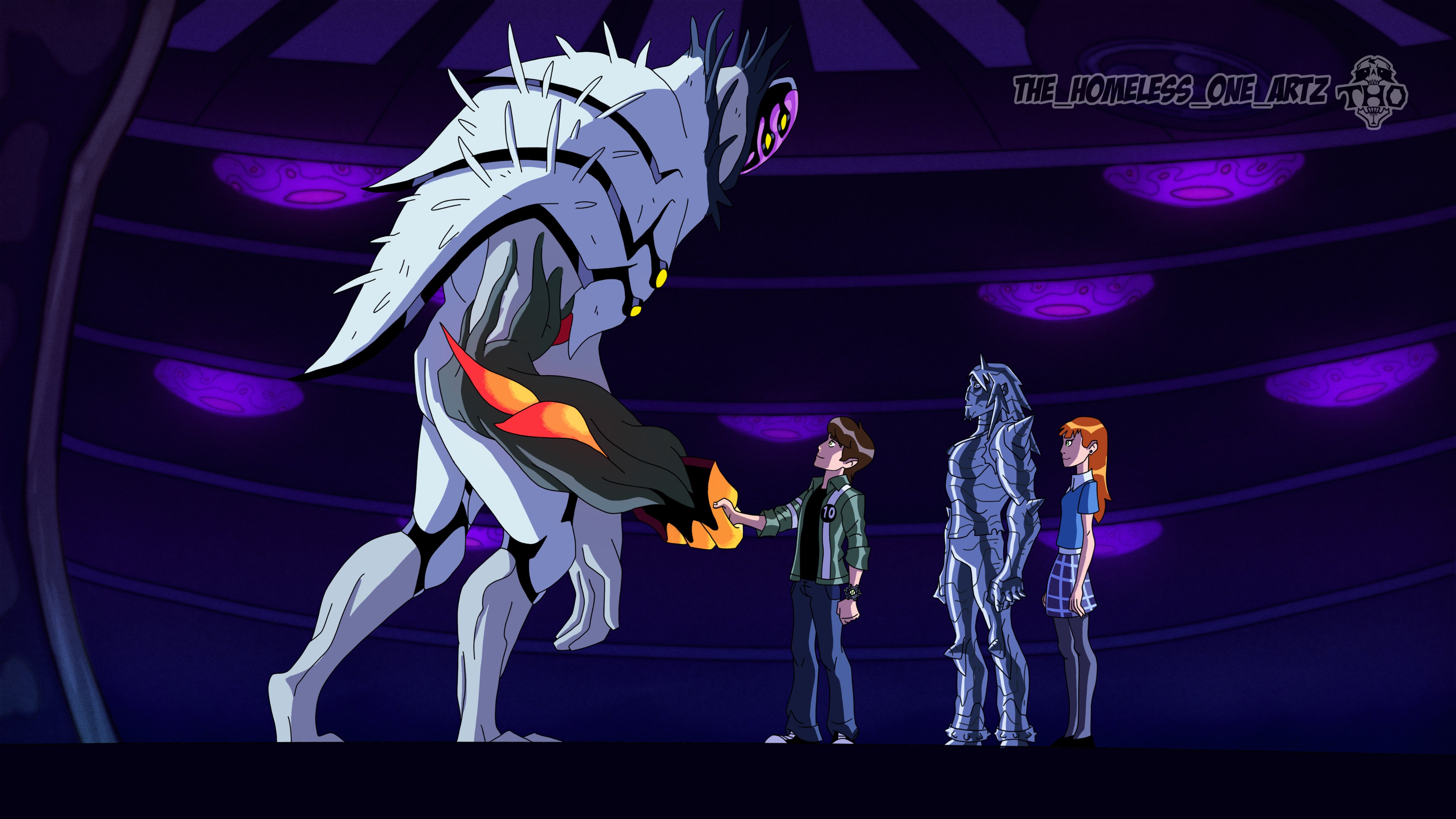 ben tennyson, gwen tennyson, kevin levin, ben 10, ben 10: alien force, absurdres, commentary, derivative work, english commentary, highres, screenshot redraw, 1girl, 3boys, alien, alternate design, black pantyhose, black shirt, black skirt, blue pants, blue shirt, brown hair, collared jacket, collared shirt, colored skin, extra eyes, green jacket, handshake, height difference, jacket, long hair, looking at another, metal skin, multiple boys, omnitrix, orange hair, pants, pantyhose, parody, reinrassig iii, school uniform, shirt, short hair, size difference, skirt, sleeves rolled up, spikes, the homeless 1, white shirt, white skin, yellow eyes