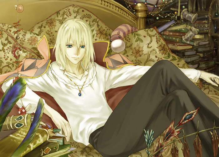 sakaki kuuya, howl, howl no ugoku shiro, studio ghibli, 00s, 1boy, blonde hair, book, green eyes, jewelry, male focus, mushroom, pendant, solo
