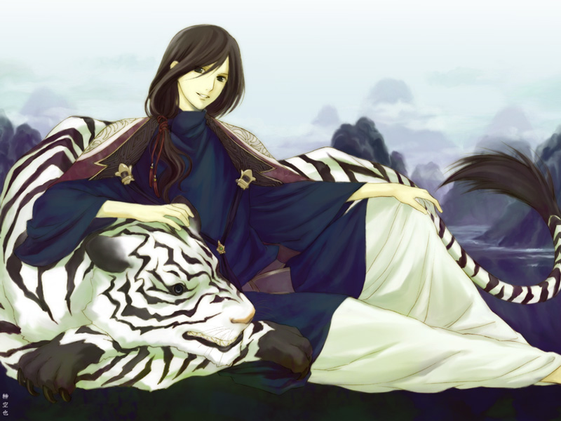 sakaki kuuya, taishi, juuni kokuki, 1boy, androgynous, black eyes, black hair, long hair, male focus, smile, solo, tiger, white tiger