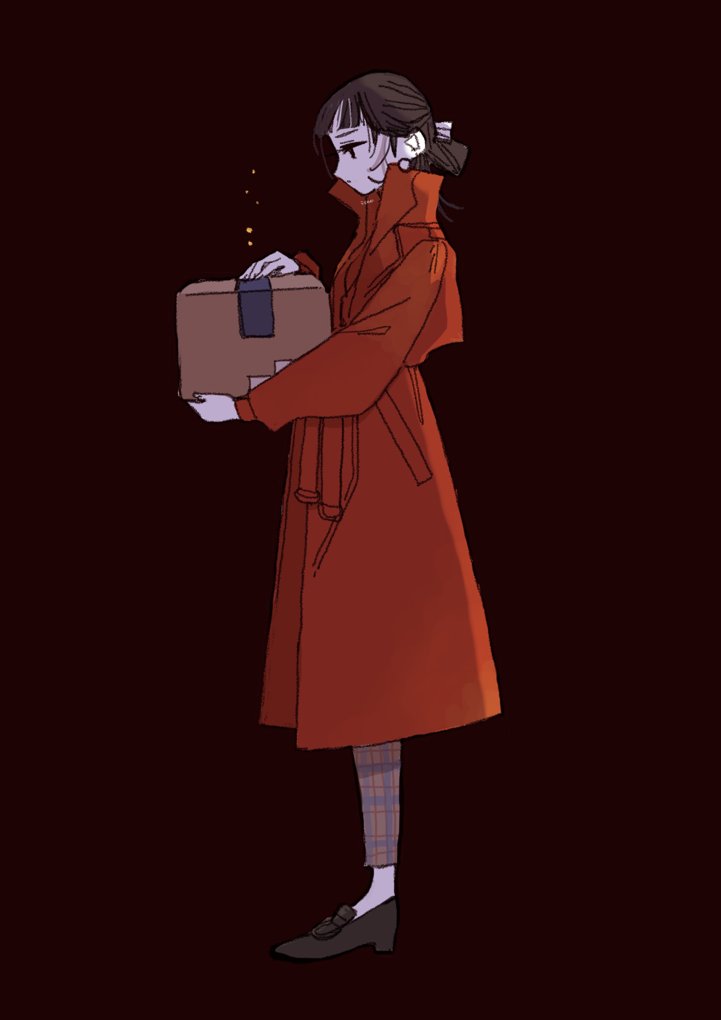 urayaka, absurdres, commentary, commentary request, english commentary, highres, mixed-language commentary, 1girl, black shoes, bow, box, brown hair, brown pants, cardboard box, closed mouth, coat, earrings, from side, full body, funado erena, hair bow, hair bun, holding, holding box, jewelry, last mile, light particles, long sleeves, looking down, medium hair, pants, plaid clothes, plaid pants, popped collar, profile, red background, red coat, shoes, simple background, single hair bun, solo, standing, white bow