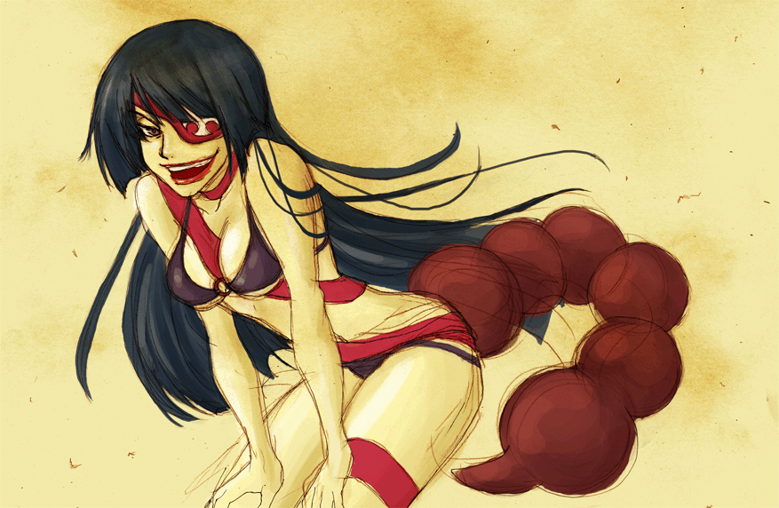 adiane, tengen toppa gurren lagann, 00s, 1girl, bikini, black bikini, blue hair, breasts, cleavage, eyepatch, female focus, long hair, scorpion tail, solo, swimsuit, tail