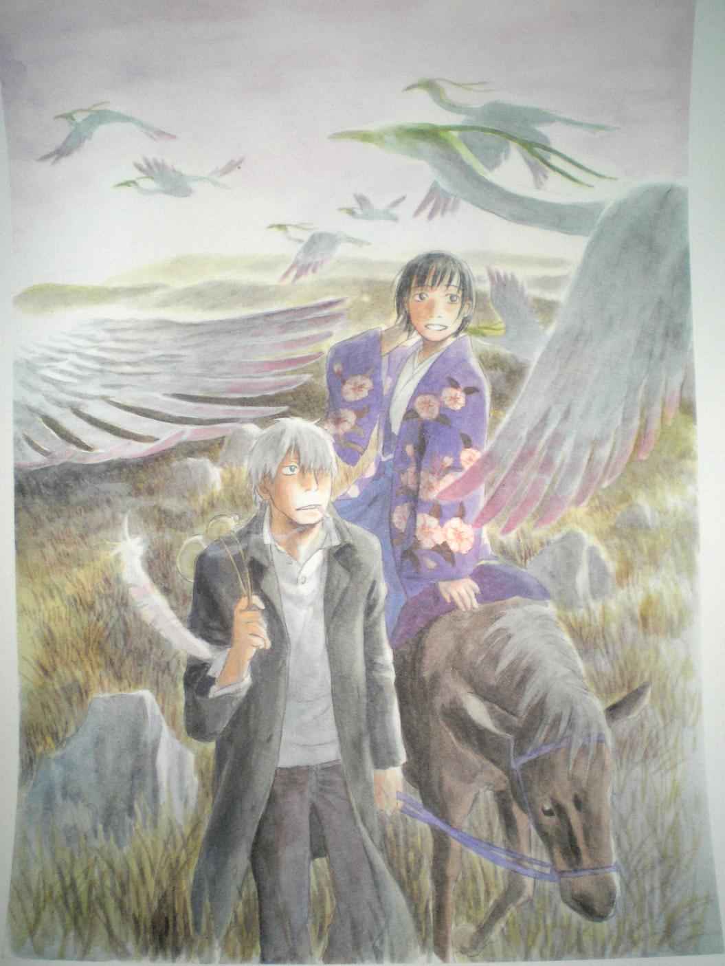 ginko (mushishi), tanyuu, tanyuu (mushishi), tanyuu karibusa, mushishi, highres, scan, traditional media, 1boy, 1girl, cigar, hair over one eye, japanese clothes, smoking