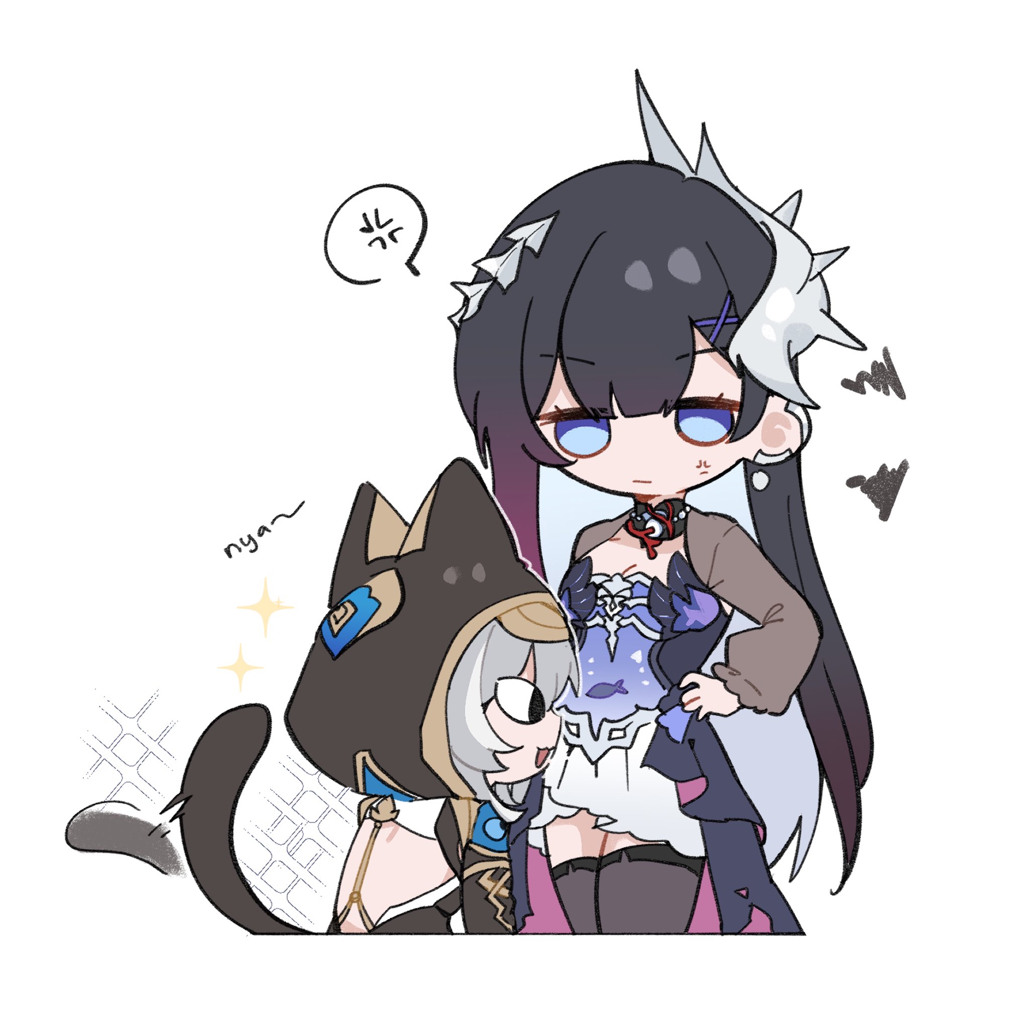 sashacall, cipher (honkai: star rail), hysilens (honkai: star rail), honkai: star rail, honkai (series), highres, 2girls, afterimage, anger vein, animal hood, black hair, blue eyes, cat hood, cat tail, chibi, chibi only, dress, earclip, fish, grey hair, hair ornament, hand on own hip, hood, hood up, long hair, long sleeves, looking at another, motion lines, multiple girls, see-through body, shrug (clothing), spoken anger vein, tail, tail wagging, thighhighs, very long hair, water