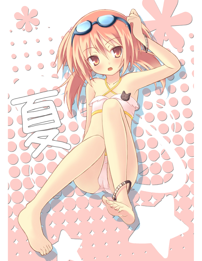 ryo (botugo), raise (ryo), original, 1girl, anklet, armpits, barefoot, bikini, bracelet, brown eyes, brown hair, feet, female focus, flat chest, goggles, goggles on head, jewelry, loli, open mouth, solo, star (symbol), swimsuit, twintails