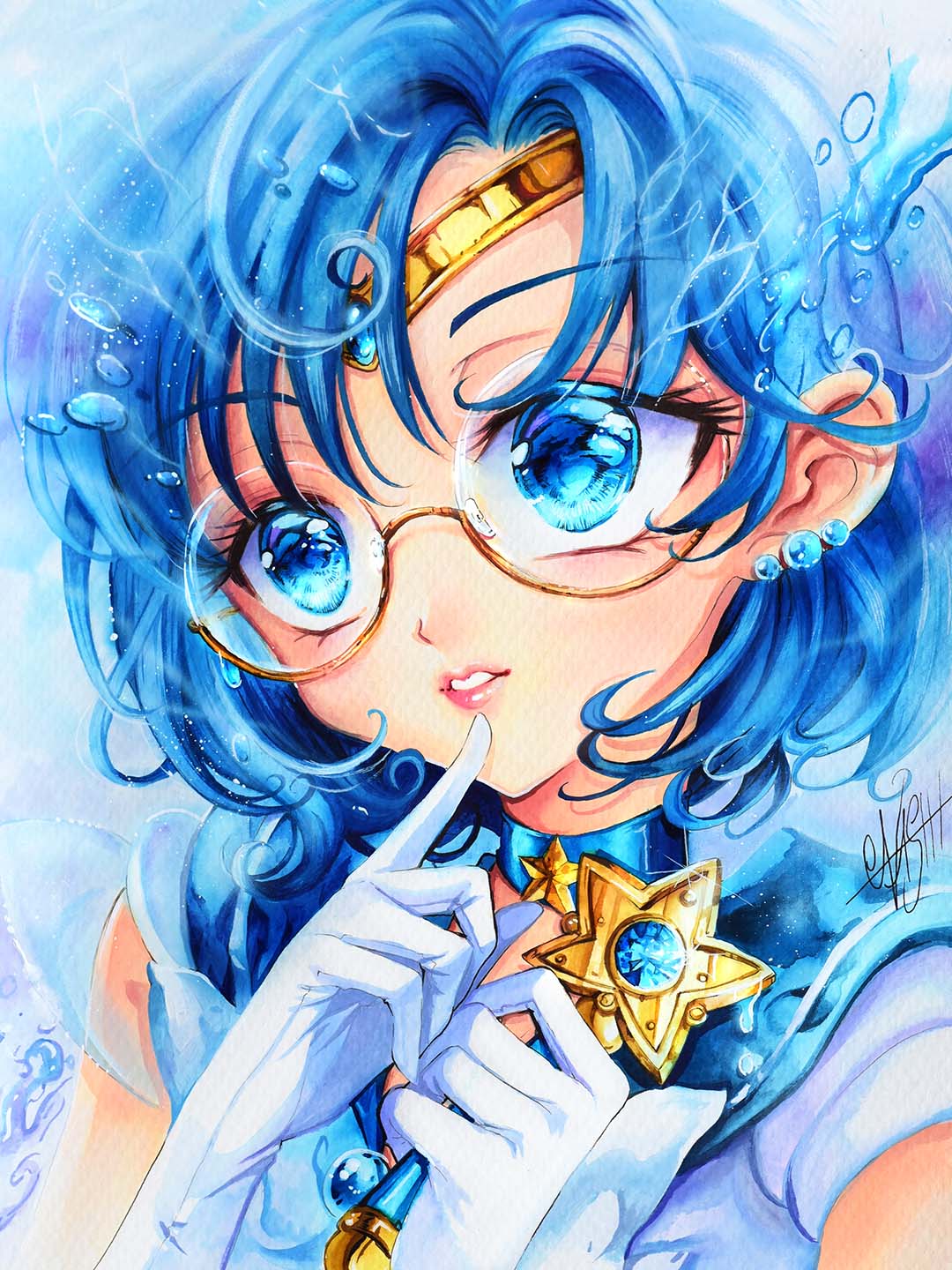 nashi juni, mizuno ami, sailor mercury, super sailor mercury, bishoujo senshi sailor moon, highres, 1girl, blue choker, blue eyes, blue hair, blue sailor collar, blue skirt, bubble, choker, circlet, earrings, elbow gloves, glasses, gloves, jewelry, lips, round eyewear, sailor collar, sailor senshi uniform, short hair, skirt, star (symbol), star choker, stud earrings, white gloves