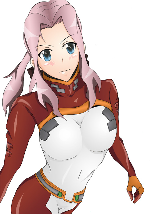 darry adai, tengen toppa gurren lagann, 00s, blue eyes, blush, bodysuit, long hair, pink hair, ponytail, solo