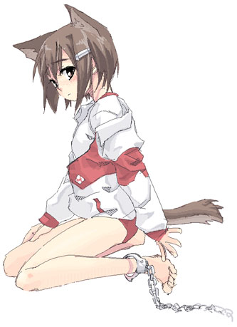 satou atsuki, zenigata mawari, seto no hanayome, lowres, 00s, animal ears, barefoot, cat ears, cat tail, cuffs, feet, shackles, solo, tail