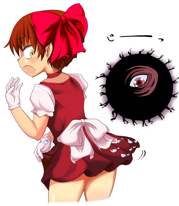 sasago kaze, backbeard, nekomusume, gegege no kitarou, toei company, 1girl, :o, apron, bow, dress, eyeball, female focus, monster, one-eyed, open mouth, pink bow, puffy short sleeves, puffy sleeves, red dress, short sleeves, simple background, solo, surprised, waist apron, white background, wide-eyed