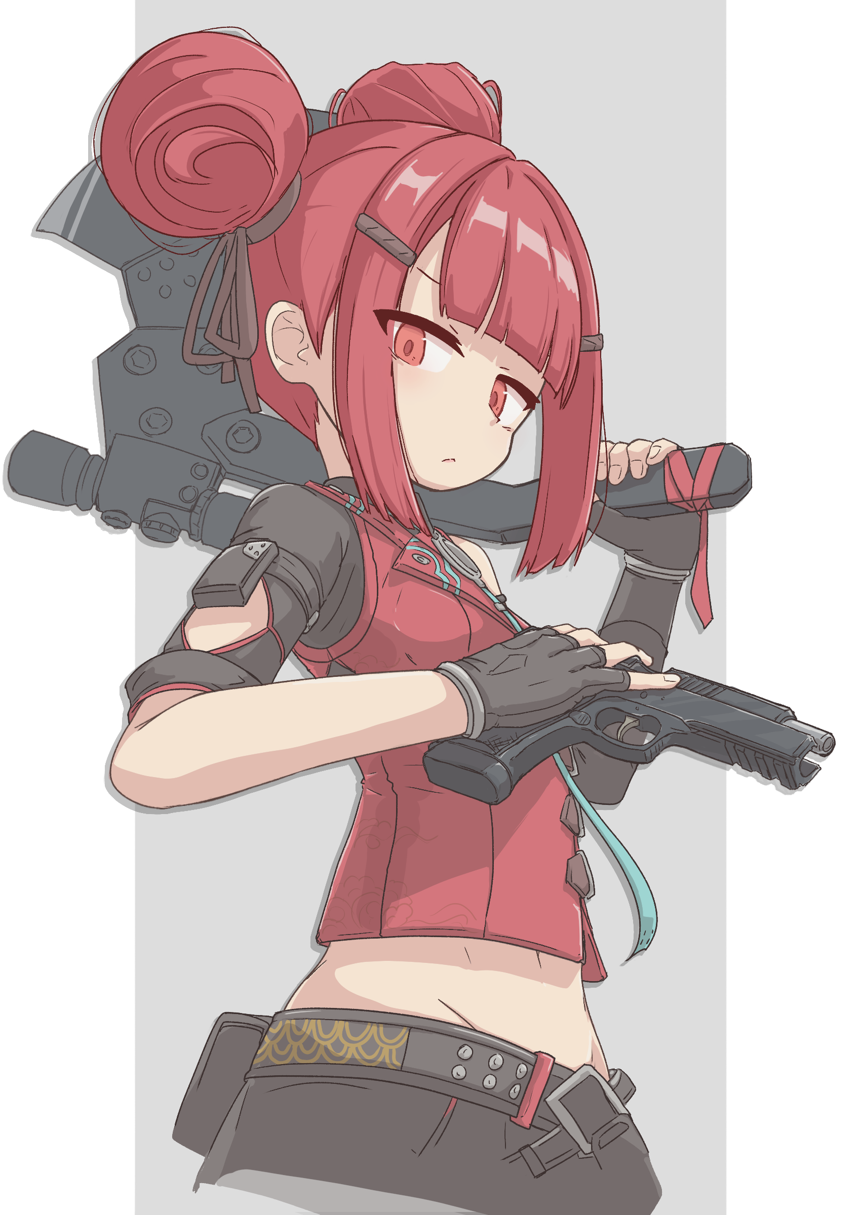 player193, cz75 (girls' frontline), faye (girls' frontline 2), girls' frontline, girls' frontline 2: exilium, absurdres, commentary, highres, 1girl, axe, black gloves, closed mouth, cropped legs, cz 75, double bun, fingerless gloves, gloves, grey background, gun, hair bun, handgun, holding, holding axe, holding gun, holding weapon, looking at viewer, midriff, red eyes, red hair, red vest, solo, two-tone background, vest, weapon, white background