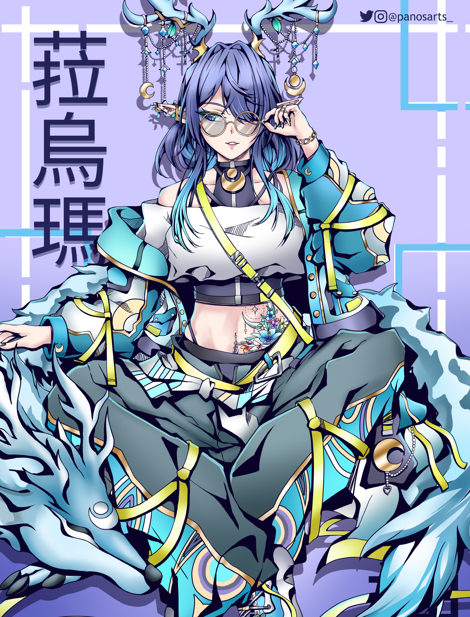 panosarts, lauma (genshin impact), genshin impact, commentary, highres, translation request, 1girl, adjusting eyewear, alternate costume, antlers, aqua eyes, aqua hair, aqua jacket, bare shoulders, bespectacled, blue hair, crop top, eyeshadow, glasses, gradient hair, hair intakes, hand up, horns, jacket, jacket partially removed, makeup, midriff, multicolored hair, off-shoulder shirt, off shoulder, open clothes, open jacket, pants, round eyewear, shirt, solo, stomach, stomach tattoo, tattoo, white shirt