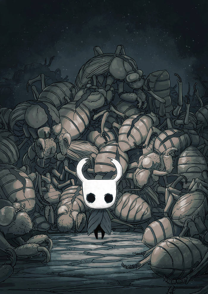 knight (hollow knight), hollow knight, official art, 1other, ari gibson, black eyes, blank eyes, bug, cloak, death, empty eyes, grey cloak, hollow eyes, horned mask, mask, other focus, solid oval eyes, solo, standing, white mask
