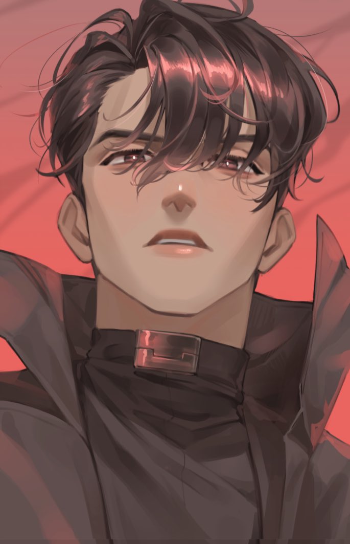 guding nut, yoo joonghyuk, omniscient reader's viewpoint, 1boy, belt, black coat, black eyes, black hair, coat, crew neck, curtained hair, hair between eyes, male focus, parted lips, popped collar, serious, short hair, solo, upper body