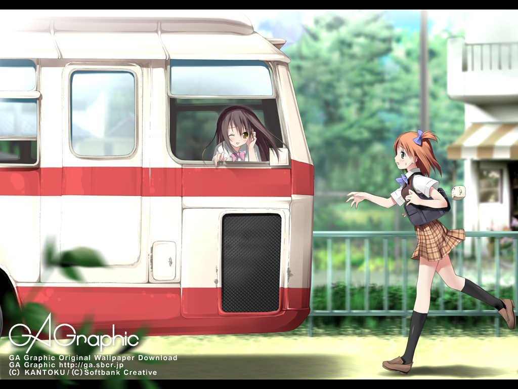 kantoku, gagraphic, vehicle, 2girls, bus, kneehighs, letterboxed, motor vehicle, multiple girls, school uniform, serafuku, socks
