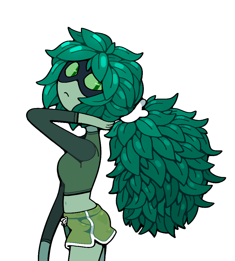 discount-supervillain, huntress wizard, adventure time, 1girl, breasts, colored sclera, colored skin, domino mask, green eyes, green hair, green sclera, green skin, leaf, long hair, mask, plant hair, ponytail, simple background, slit pupils, toon (style)