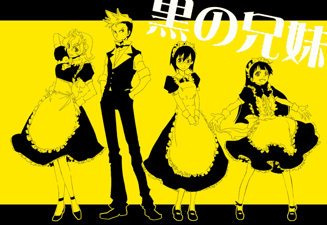 bk, mudo (saji), kinon bachika, kittan bachika, kiyal bachika, kiyoh bachika, tengen toppa gurren lagann, translated, 00s, 1boy, 3girls, maid, monochrome, multiple girls, yellow theme