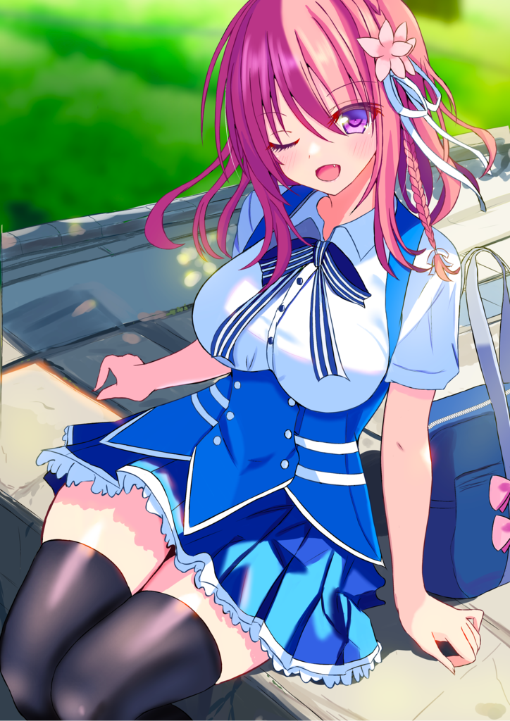 sakuratoru, komatsu rina, kimi no tonari de koishiteru!, commentary request, 1girl, ;d, arm at side, bag, bikini, black thighhighs, blue bikini, blue skirt, blurry, blurry background, blush, bow, bowtie, braid, breasts, buttons, day, eyelashes, eyes visible through hair, fang, feet out of frame, flower, frilled skirt, frills, hair between eyes, hair flower, hair ornament, hair ribbon, large breasts, looking at viewer, medium hair, miniskirt, one eye closed, open mouth, outdoors, pink bow, pink flower, pleated skirt, purple eyes, red hair, ribbon, school uniform, shirt, short sleeves, shoulder bag, single braid, sitting, skindentation, skirt, smile, solo, striped bow, striped bowtie, striped clothes, suspender skirt, suspenders, swimsuit, thighhighs, thighs, white ribbon, white shirt, zettai ryouiki