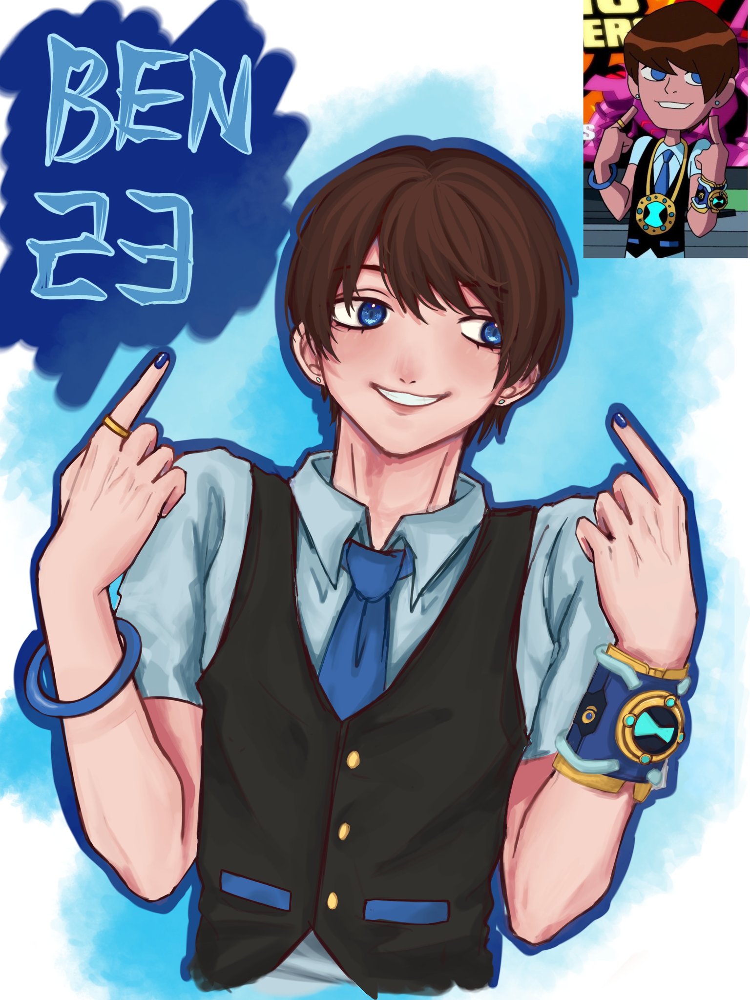 ben 10, ben 10: omniverse, hashtag-only commentary, highres, 1boy, ben 23, black vest, blue eyes, blue nails, blue necktie, blue shirt, bracelet, brown hair, character name, collared shirt, cropped torso, earrings, gold ring, grin, hazjgin, hero watch, jewelry, looking to the side, male focus, nail polish, necklace, necktie, pointing, pointing at self, reference inset, shirt, short hair, short sleeves, smile, solo, teeth, upper body, vest, watch, wristwatch