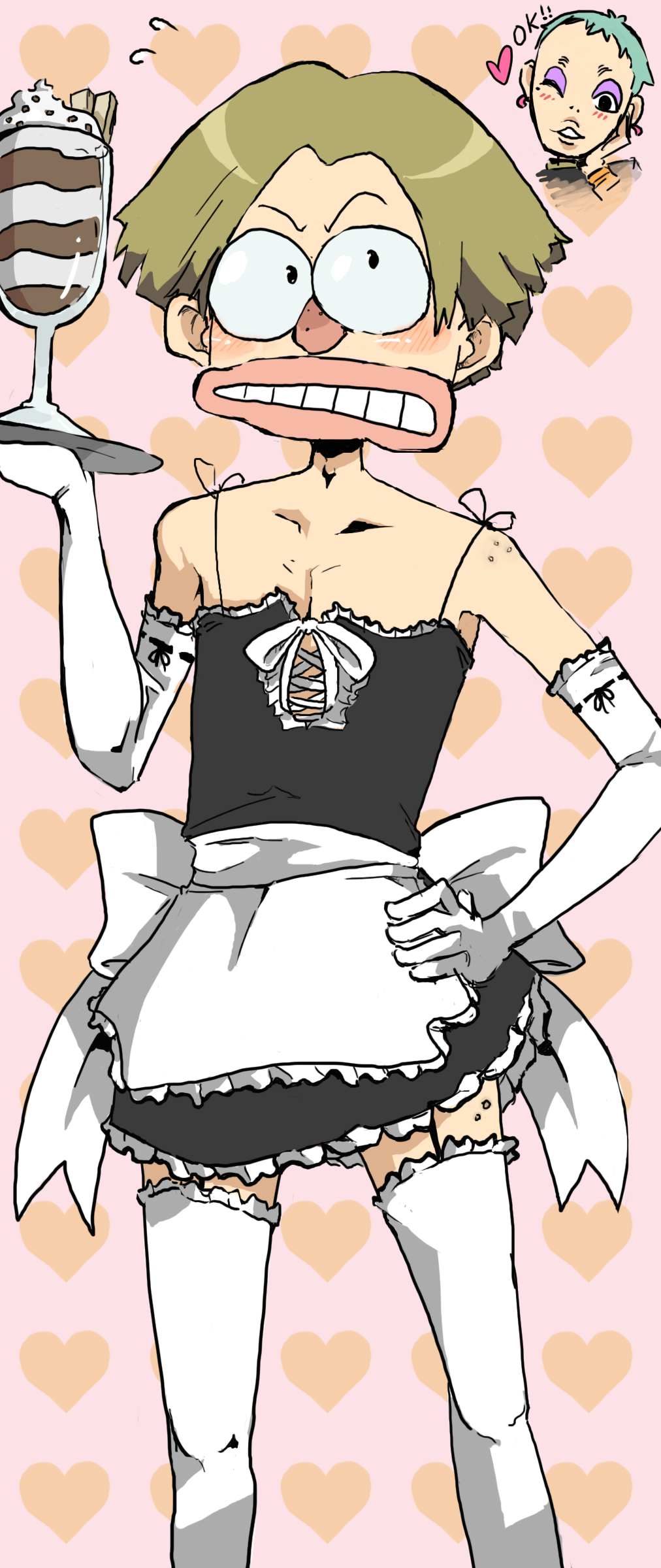 lain (yaru), attenborough cortitch, leeron littner, tengen toppa gurren lagann, absurdres, highres, md5 mismatch, resized, resolution mismatch, source smaller, upscaled, 00s, 2boys, crossdressing, crossdressing (mtf), elbow gloves, gloves, heart, heart background, maid, male focus, male maid, multiple boys, short hair, thighhighs