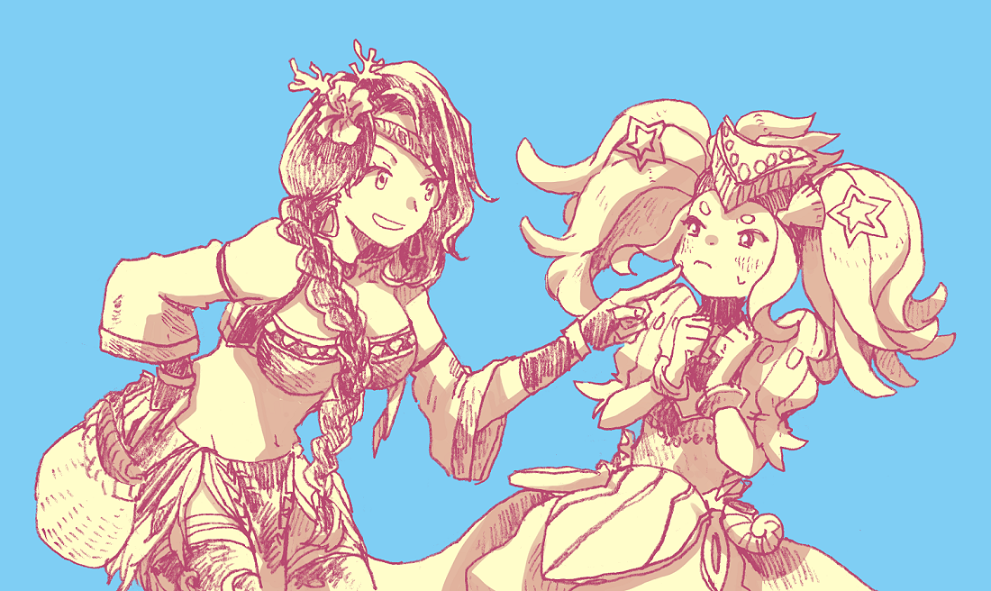 michibata 65, another eden, commentary request, 2girls, bandeau, bangle, bare shoulders, belt pouch, blue background, blush, bracelet, braid, breasts, cheek poking, clenched hand, closed mouth, coral hair ornament, cowboy shot, curtained hair, detached sleeves, dress, earrings, fingerless gloves, flower, frown, gloves, grin, hair flower, hair ornament, hair over shoulder, hand on own hip, hands up, hatching (texture), headband, headpiece, jewelry, large breasts, leaning forward, leaning to the side, levia (another eden), linear hatching, loincloth, long hair, looking at another, looking to the side, multiple girls, navel, open mouth, parted bangs, pelvic curtain, poking, pouch, puffy short sleeves, puffy sleeves, sheila (another eden), shell, shell hair ornament, short eyebrows, short sleeves, sidelocks, sideways glance, simple background, single braid, smile, standing, star (symbol), star hair ornament, stomach, sweatdrop, thick eyebrows, thighhighs, twintails, wide sleeves