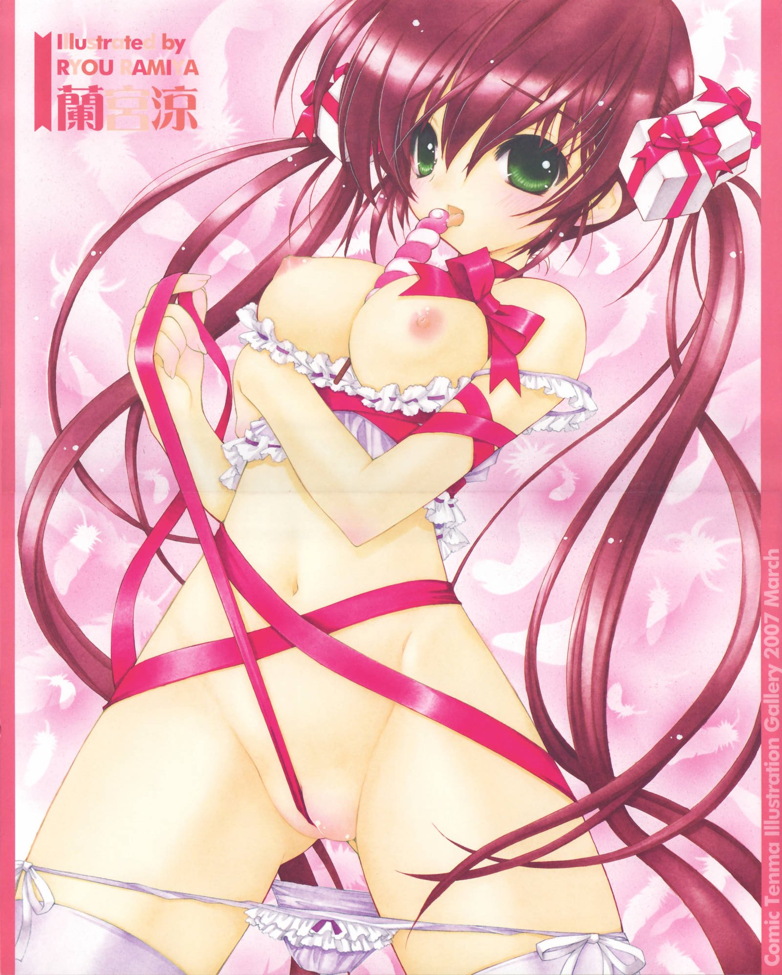 ramiya ryou, highres, 1girl, between breasts, breasts, female focus, large breasts, naked ribbon, nipples, panties, panty pull, pussy, ribbon, solo, thighhighs, underwear