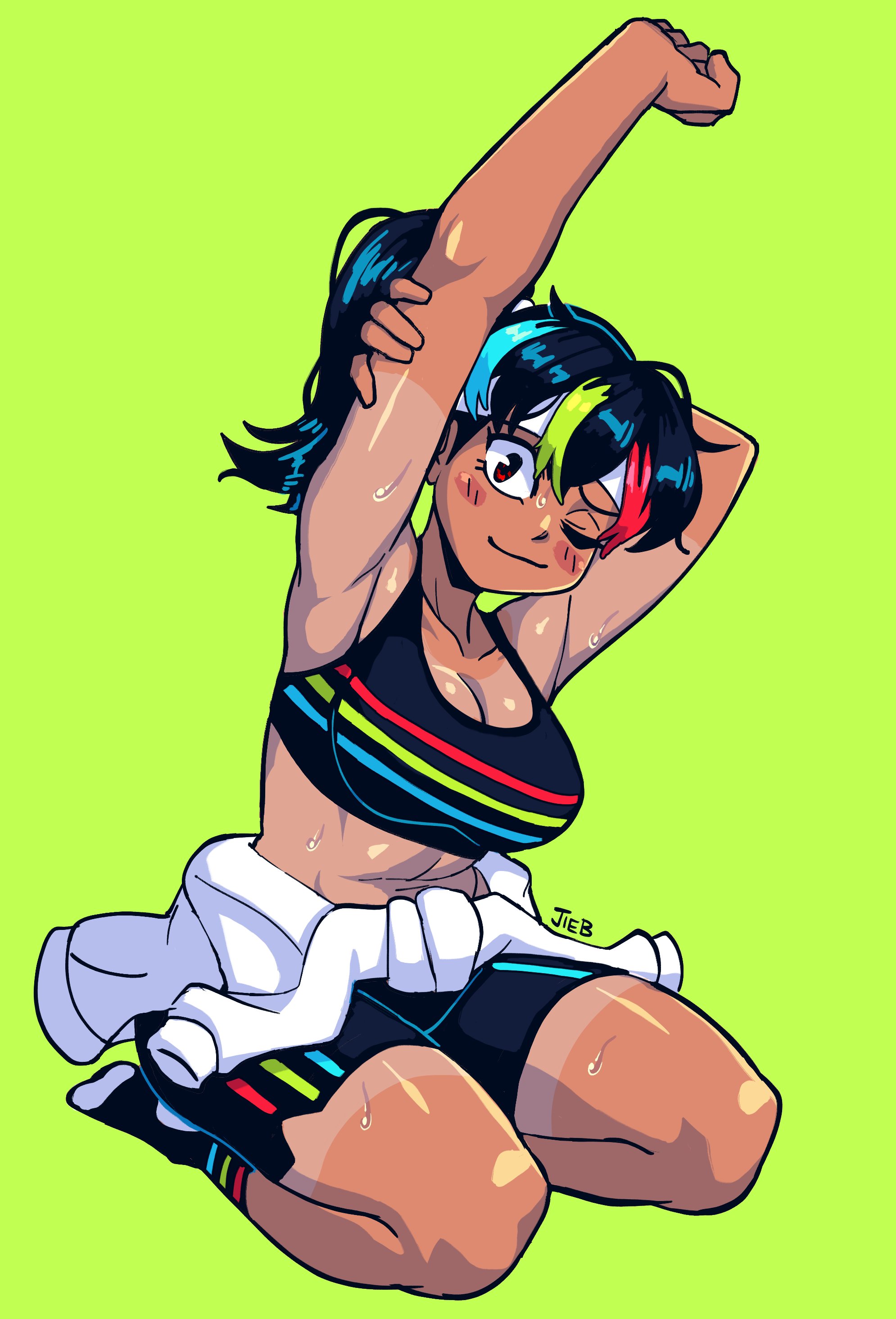 the jieb, yeet-chan (the jieb), original, absurdres, commentary, highres, 1girl, aqua hair, arm up, armpits, artist name, black hair, black shorts, black socks, black sports bra, blush, blush stickers, breasts, cleavage, closed mouth, clothes around waist, eyelashes, full body, green background, green hair, hand on own arm, headband, kneeling, long hair, multicolored hair, one eye closed, ponytail, red hair, shiny skin, shorts, simple background, smile, socks, solo, sports bra, streaked hair, stretching, sweat, tan, tanline, white headband