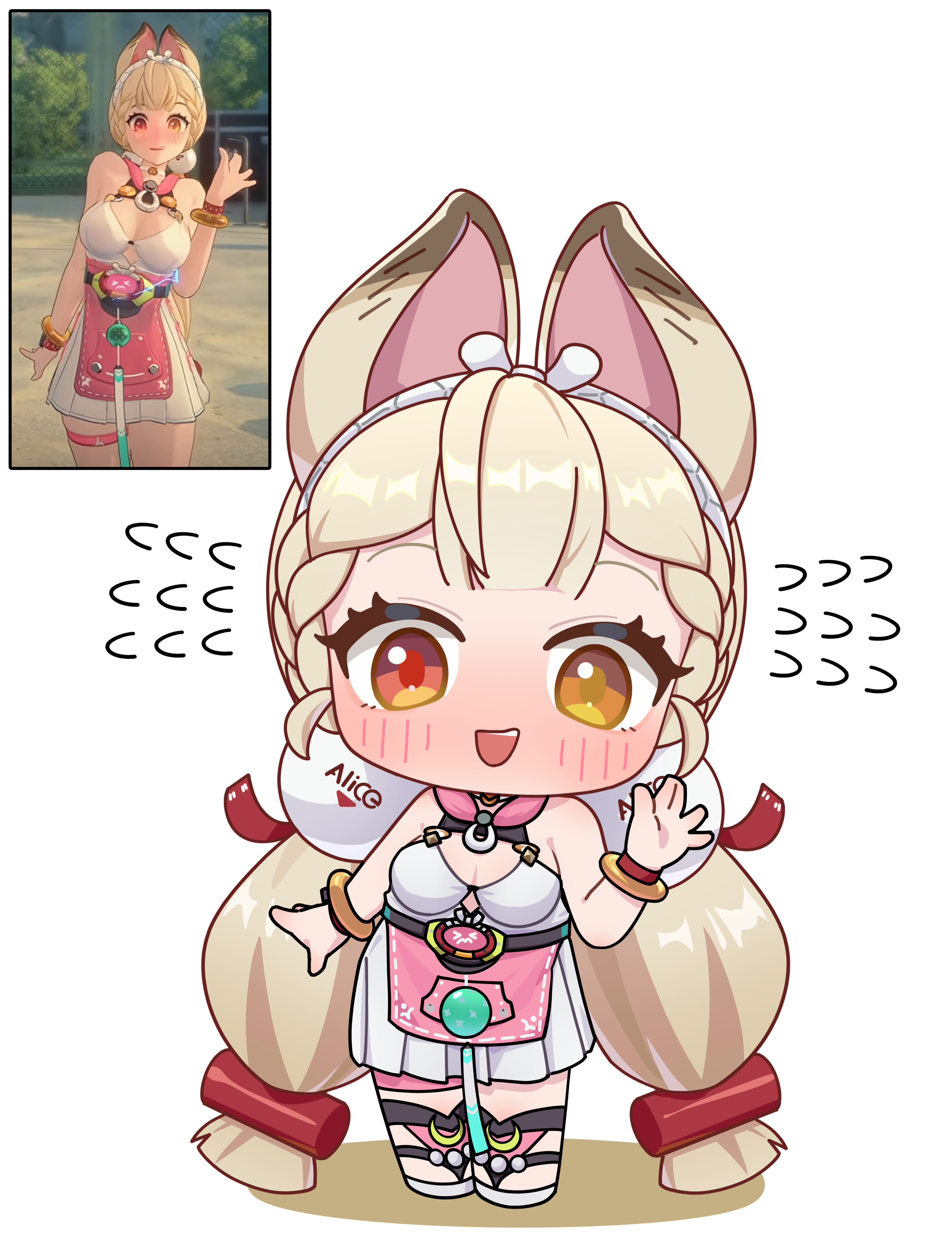 akaika (aka), alice thymefield, alice thymefield (sea of thyme), zenless zone zero, absurdres, derivative work, highres, screenshot redraw, 1girl, animal ears, bikini top under shirt, blonde hair, blush, braid, breasts, chibi, cleavage, deformed, dress swimsuit, hair ornament, heterochromia, large breasts, long hair, looking at viewer, low twintails, official alternate costume, one-piece swimsuit, pink one-piece swimsuit, rabbit ears, rabbit girl, red eyes, scene reference, solo, sphere hair ornament, swimsuit, twintails, two-tone one-piece swimsuit, yellow eyes