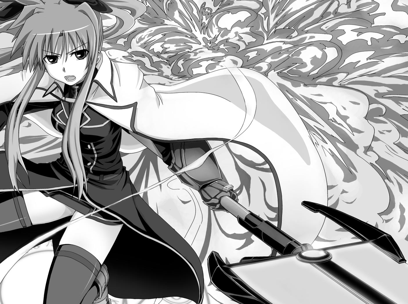 kurosho, bardiche (nanoha), bardiche (zanber form) (nanoha), fate testarossa, fate testarossa (impulse form), lyrical nanoha, mahou shoujo lyrical nanoha, mahou shoujo lyrical nanoha strikers, 00s, cape, energy sword, explosion, greyscale, monochrome, solo, sword, thighhighs, weapon, zettai ryouiki