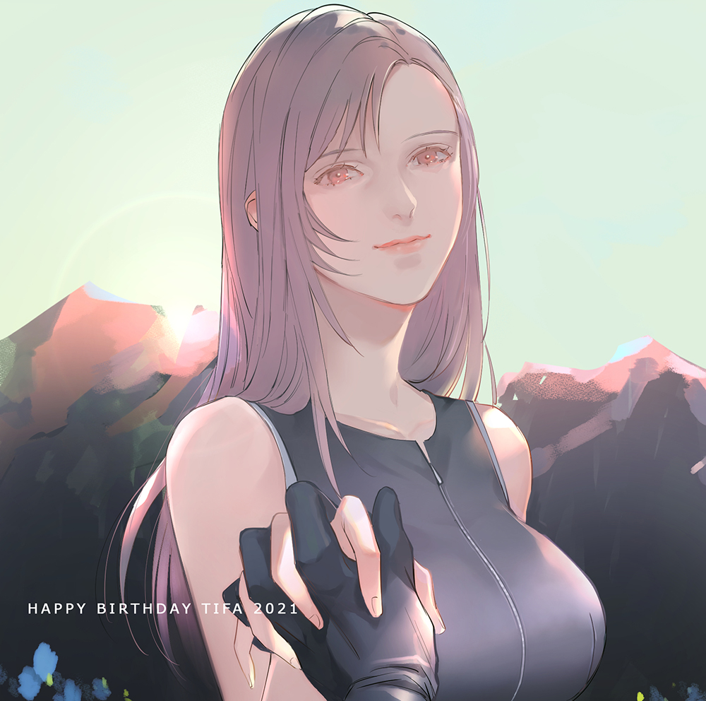 mugikoma, cloud strife, tifa lockhart, final fantasy, final fantasy vii, final fantasy vii advent children, commentary request, 1boy, 1girl, bare shoulders, birthday, black gloves, black hair, black vest, blue flower, breasts, brown hair, closed mouth, collarbone, dated, flower, gloves, hair over shoulder, happy birthday, holding hands, interlocked fingers, large breasts, lips, long hair, looking at viewer, mountainous horizon, outdoors, pink lips, pov, red eyes, sky, smile, swept bangs, upper body, vest, zipper