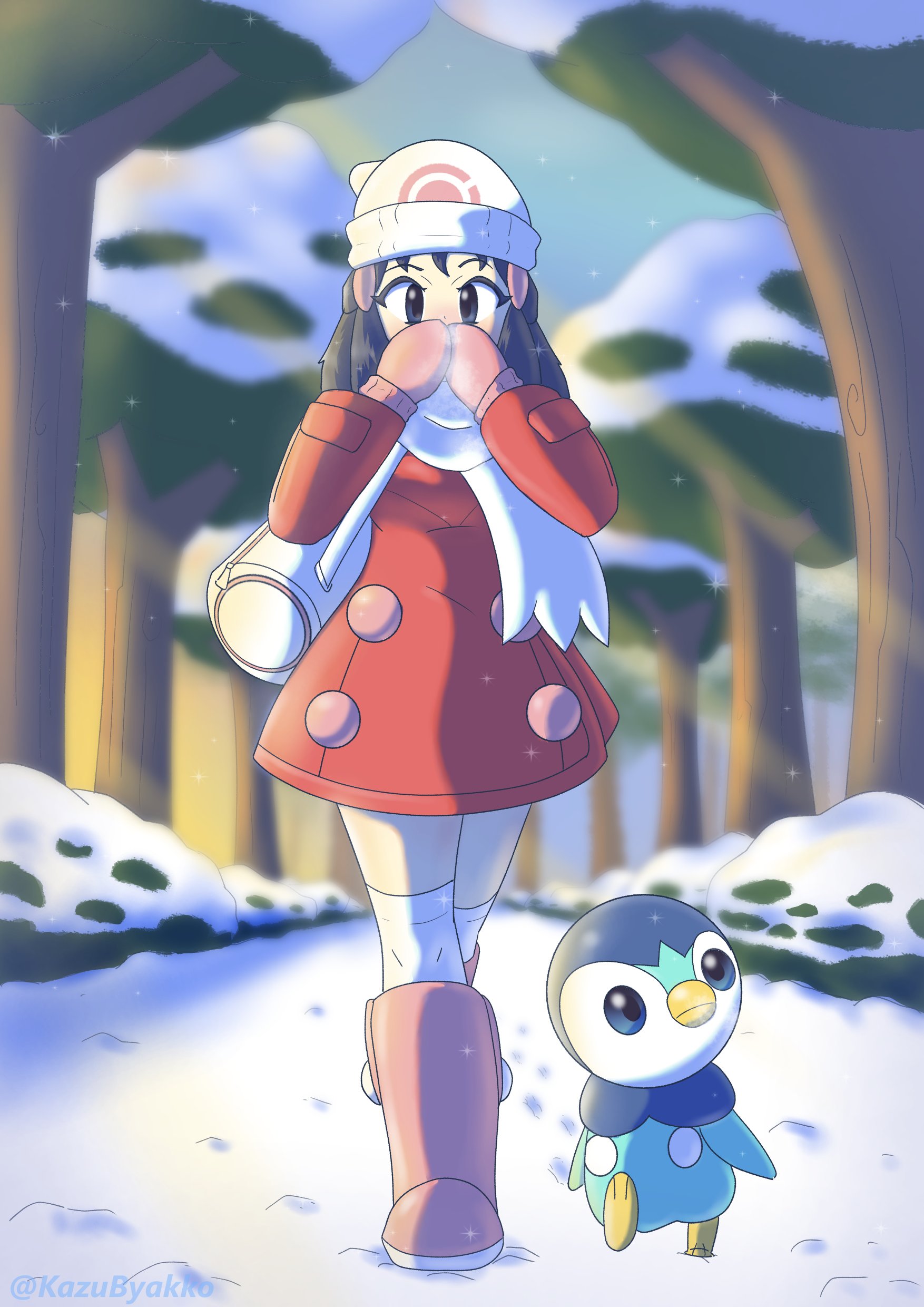 kazubyakko, dawn (pokemon), piplup, nintendo, pokemon, pokemon dppt, pokemon platinum, absurdres, highres, 1girl, artist name, bag, beanie, bird, black eyes, black hair, blue sky, boots, breath, carrying over shoulder, coat, cold, covering own mouth, day, duffel bag, forest, full body, gen 4 pokemon, hair ornament, hairclip, hat, light rays, long hair, looking at viewer, matching hair/eyes, mittens, nature, outdoors, over-kneehighs, penguin, pink boots, pink mittens, poke ball print, pokemon (creature), red coat, scarf, sidelocks, size difference, sky, snow, sparkle, thighhighs, tree, walking, white bag, white hat, white scarf, white thighhighs