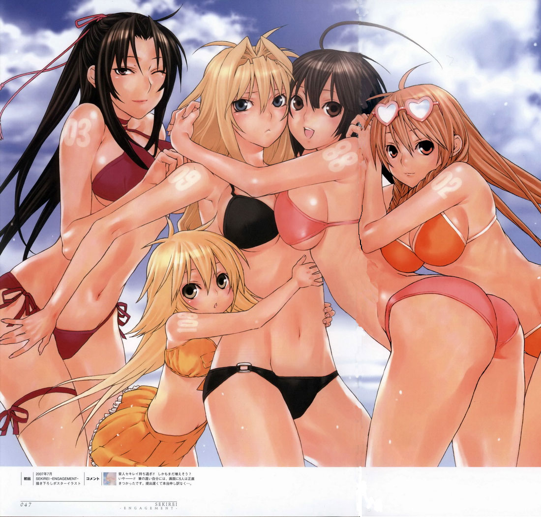 gokurakuin sakurako, kazehana, kusano, matsu (sekirei), musubi, tsukiumi, sekirei, non-web source, official art, scan, 00s, 5girls, :<, age difference, ahoge, ass, bikini, black hair, blonde hair, blue eyes, breasts, brown eyes, brown hair, cleavage, cloud, day, eyewear on head, hug, large breasts, lipstick, long hair, lowleg, lowleg bikini, makeup, multiple girls, one eye closed, outdoors, pink eyes, ribs, side-tie bikini bottom, sideboob, sky, smile, sunglasses, swimsuit, tan, tan tattoo, tanline, tattoo, thigh strap, underboob, wink, yellow eyes