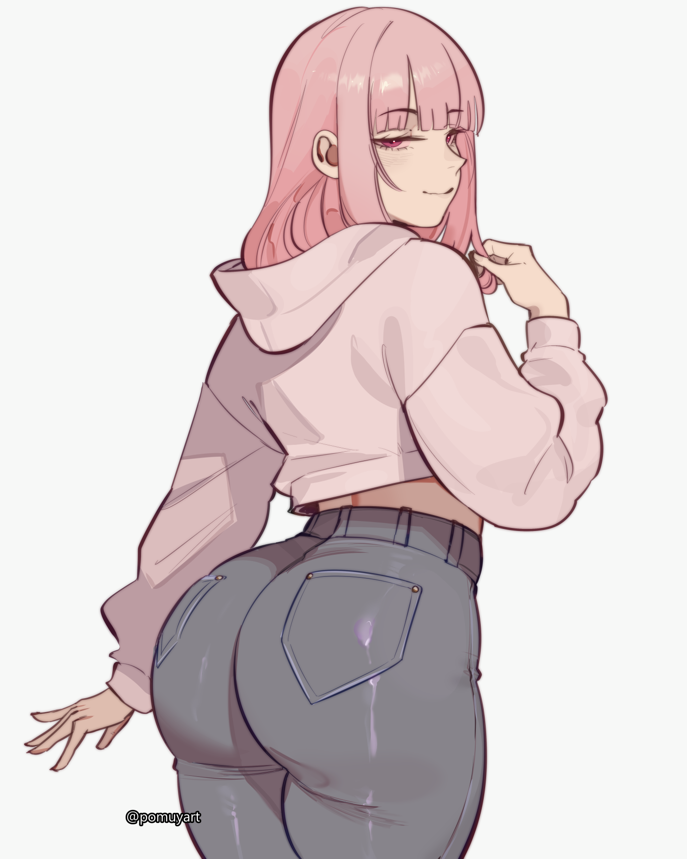 pomuya, mori calliope, hololive, hololive english, highres, 1girl, ass, blunt bangs, closed mouth, cropped hoodie, denim, from behind, hood, hoodie, jeans, long hair, long sleeves, looking at viewer, looking back, pants, pink eyes, pink hair, pink hoodie, simple background, smile, solo, straight hair, virtual youtuber