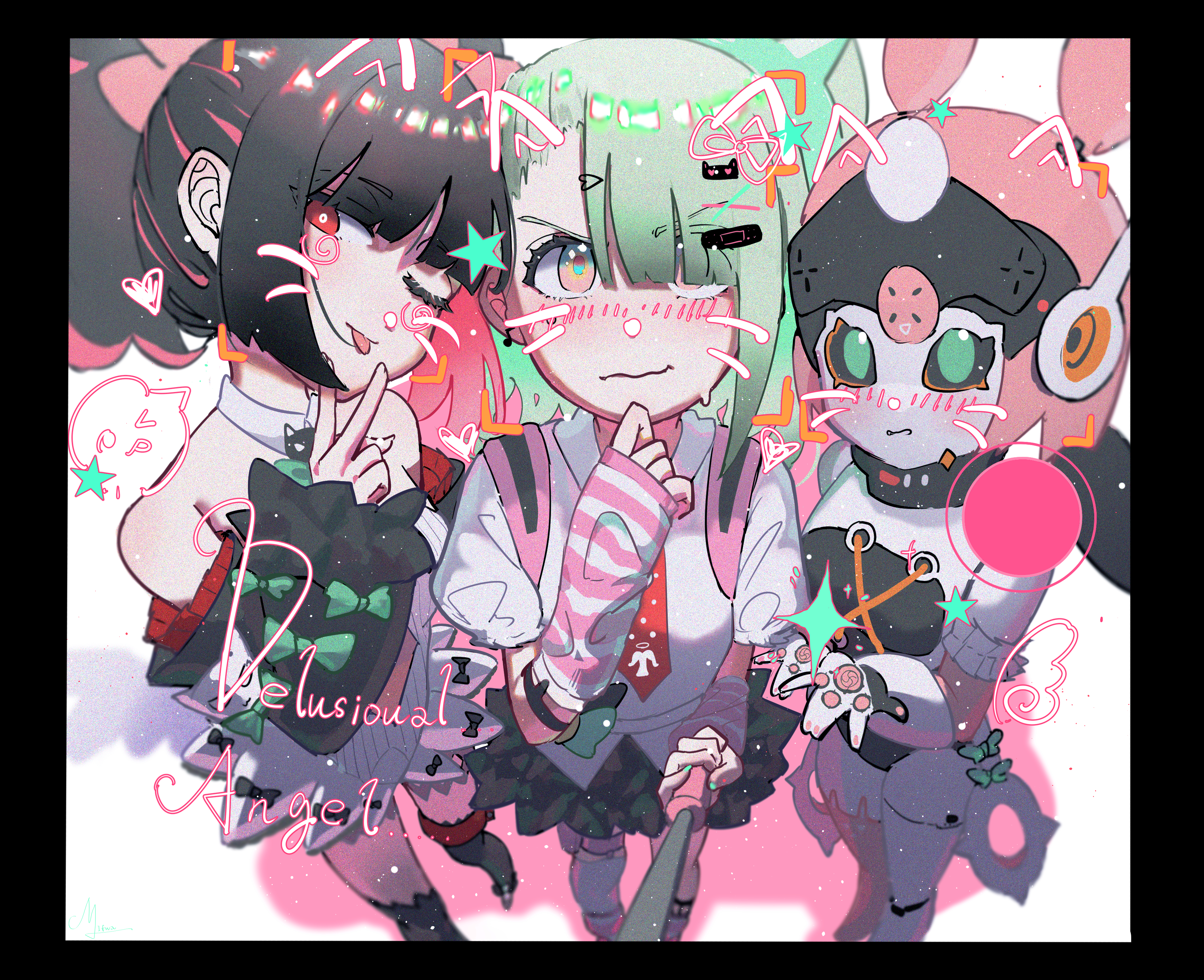 chinatsu remiel, rokudu sariel, yutane johiel, zenless zone zero, absurdres, highres, 3girls, bare shoulders, black hair, blunt bangs, blush, bow, earrings, green bow, green eyes, hair bow, hair ornament, halo, heisei retro, jewelry, long hair, looking at viewer, multicolored hair, multiple girls, musical note earrings, necktie, open mouth, pink hair, red eyes, robot girl, shirt, striped arm warmers, thighhighs, too many bows, twintails, user fere2824, y2k fashion