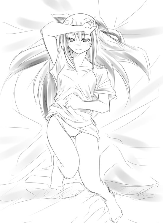 ginga nakajima, lyrical nanoha, mahou shoujo lyrical nanoha, mahou shoujo lyrical nanoha strikers, 00s, barefoot, bed, blush, greyscale, long hair, monochrome, panties, solo, underwear
