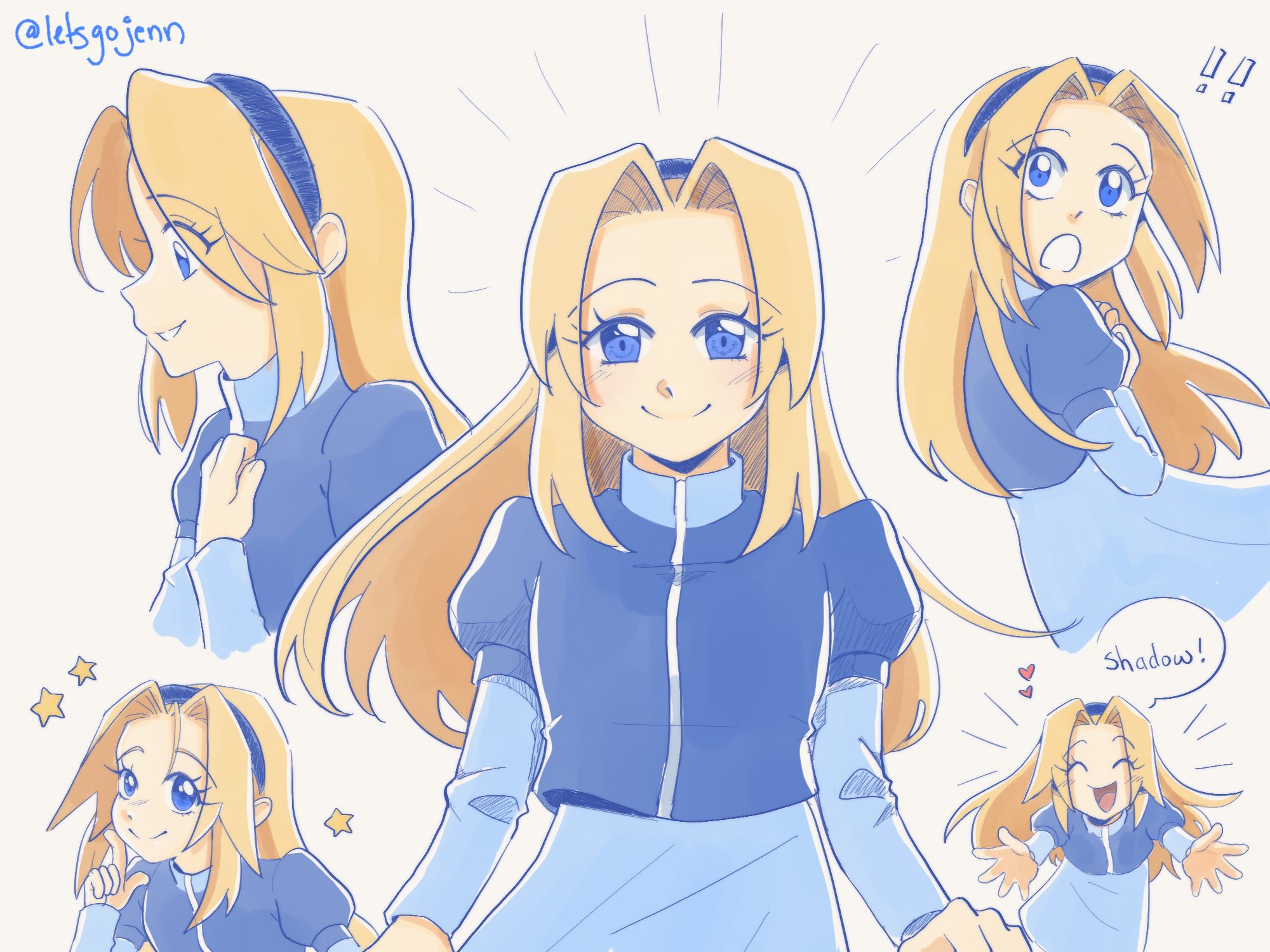 maria robotnik, sonic (series), highres, !, !!, 1girl, blonde hair, blue eyes, blue hairband, closed eyes, hairband, heart, letsgojenn, looking at viewer, multiple views, open mouth, outstretched arms, smile, solo, star (symbol), twitter username