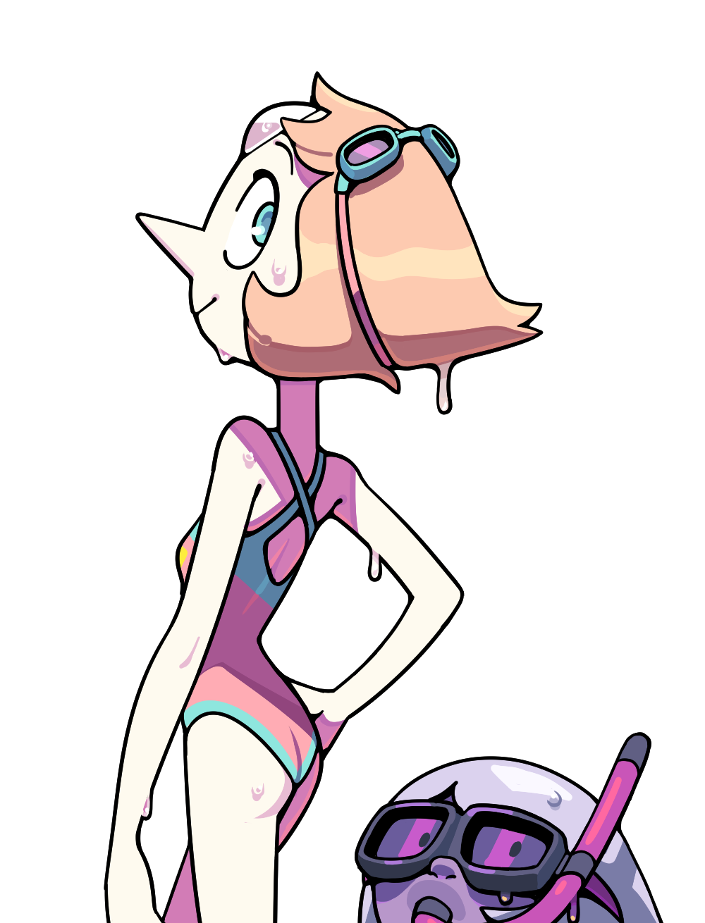 discount-supervillain, amethyst (steven universe), pearl (steven universe), steven universe, highres, 2girls, alternate costume, blue eyes, colored skin, forehead jewel, gem, goggles, goggles on head, multiple girls, one-piece swimsuit, orange hair, pearl (species) (steven universe), pointy nose, short hair, smile, swimsuit, toon (style)