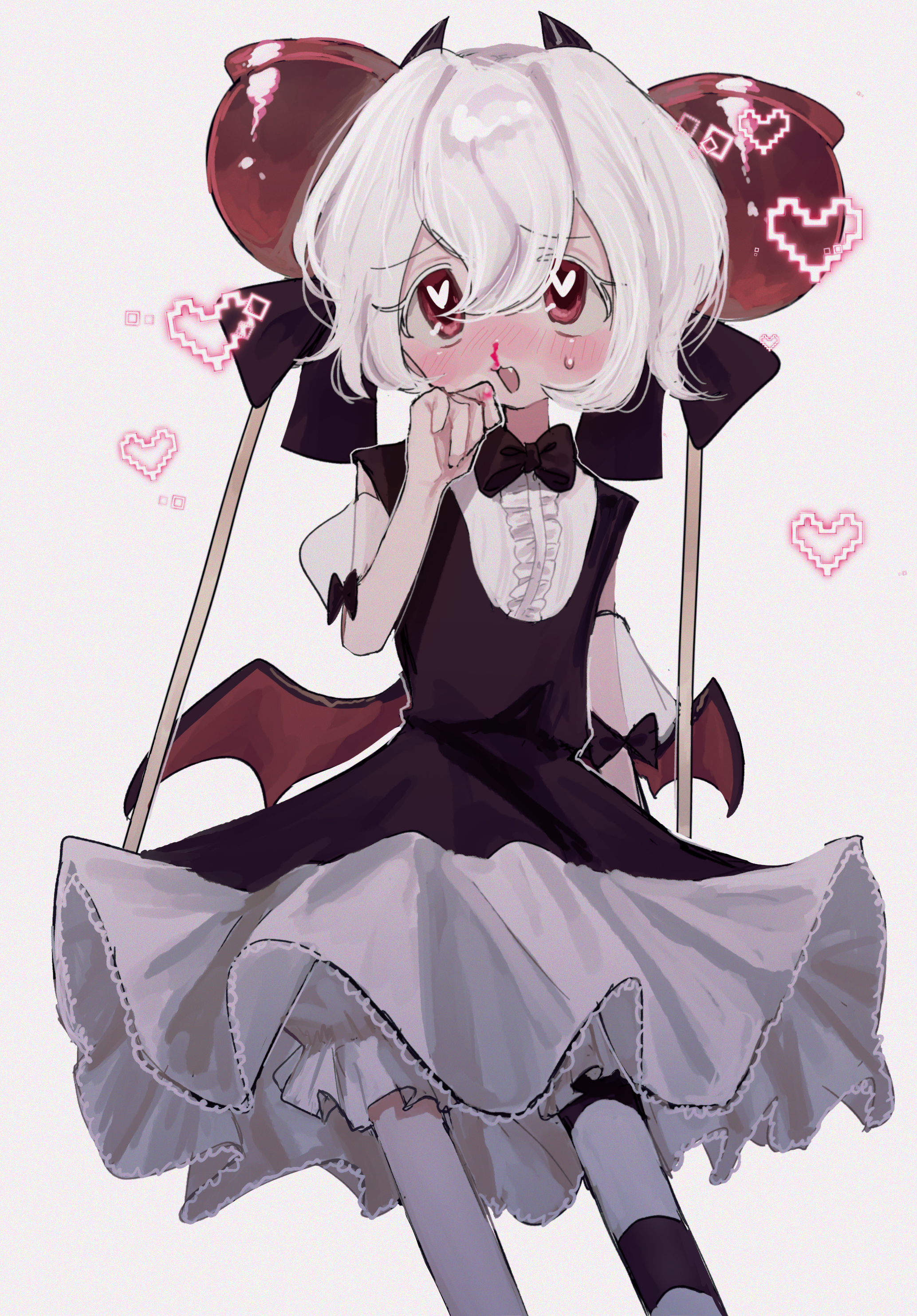 m1tky, candy apple cookie, cookie run, cookie run: kingdom, absurdres, highres, 1girl, black bow, black bowtie, black dress, blush, bow, bowtie, candy apple, candy apple hair ornament, dress, food, humanization, looking at viewer, open mouth, puffy sleeves, red eyes, short hair, simple background, smile, white hair