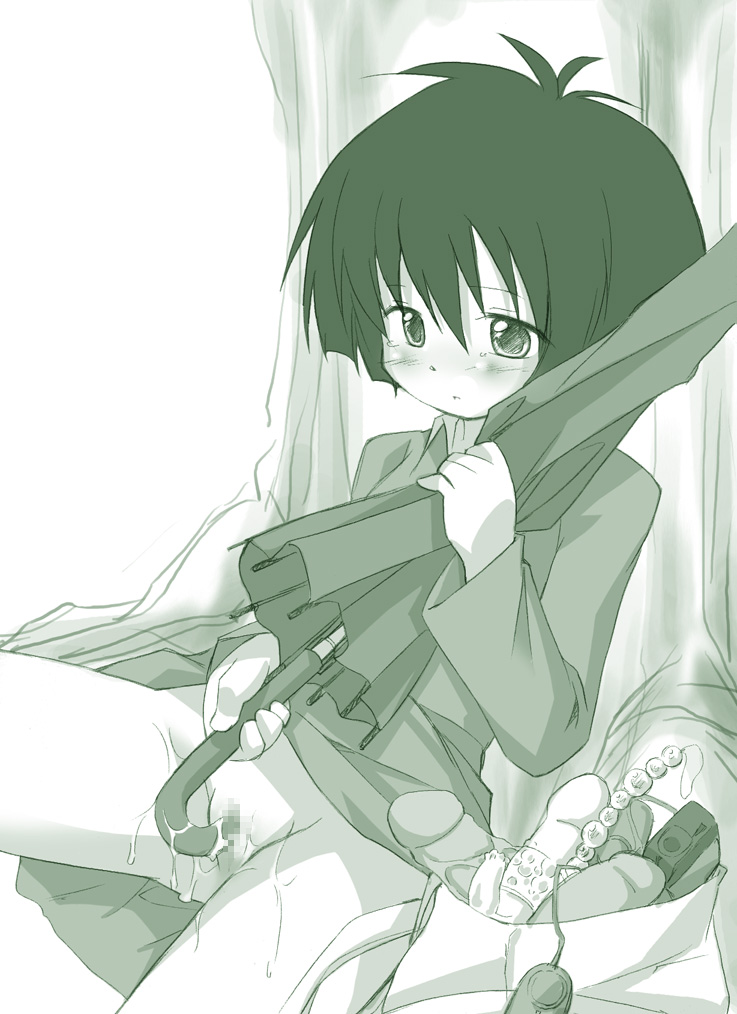 sawatari jinshi, 1girl, anal beads, blush, bottomless, censored, dildo, female focus, female masturbation, green theme, masturbation, monochrome, mosaic censoring, object insertion, pussy, pussy juice, sex toy, short hair, sitting, solo, tears, umbrella, vaginal, vaginal object insertion, vibrator