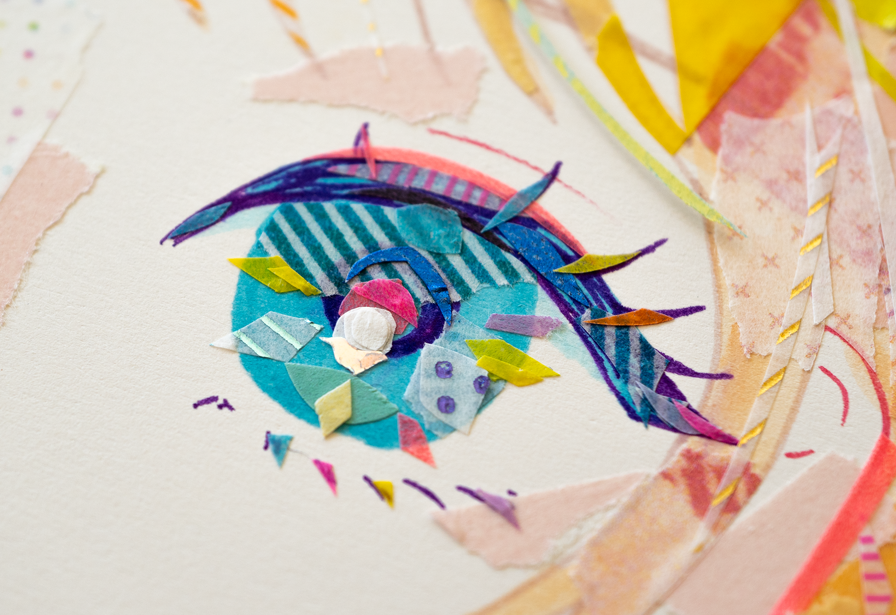 ryono, original, commentary request, highres, masking tape (medium), mixed media, photo (medium), traditional media, unconventional media, 1girl, blonde hair, blue eyes, blurry, close-up, colored eyelashes, depth of field, eye focus, multicolored eyes, orange hair, pink hair, pink pupils, solo