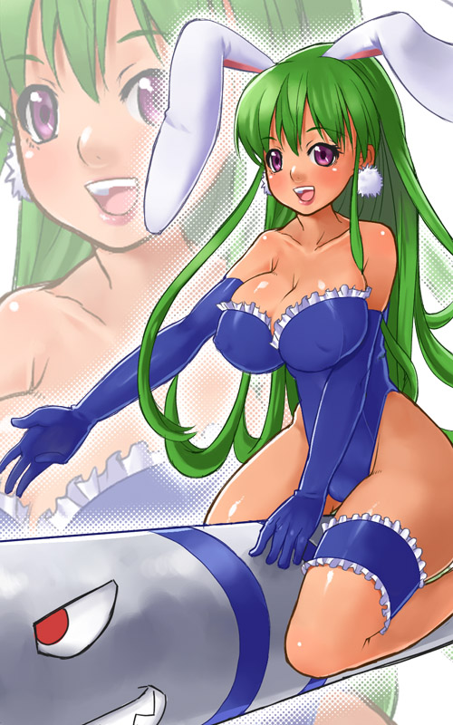 nagase haruhito, hikaru (parodius), parodius, 1girl, animal ears, bare legs, bare shoulders, breasts, cleavage, covered erect nipples, earrings, elbow gloves, fake animal ears, female focus, frilled thigh strap, gloves, green hair, jewelry, large breasts, leotard, lingerie, lipstick, long hair, makeup, missile, playboy bunny, purple eyes, rabbit ears, smile, solo, thigh strap, underwear, zoom layer
