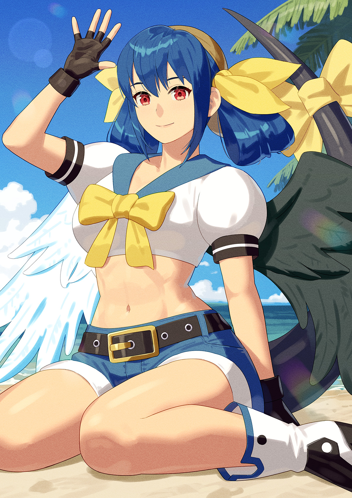 yagi2013, dizzy (guilty gear), guilty gear, guilty gear xx, highres, 1girl, angel wings, arm support, asymmetrical wings, beach, belt, black gloves, blue hair, blue sky, bow, breasts, cloud, fingerless gloves, gloves, hair between eyes, hair ribbon, hair rings, high heels, large breasts, looking at viewer, midriff, navel, ocean, outdoors, palm tree, pirate, red eyes, ribbon, sailor collar, shorts, sitting, sky, smile, solo, stomach, tail, tail ornament, tail ribbon, thick thighs, thighs, tree, twintails, wariza, wings, yellow bow, yellow ribbon