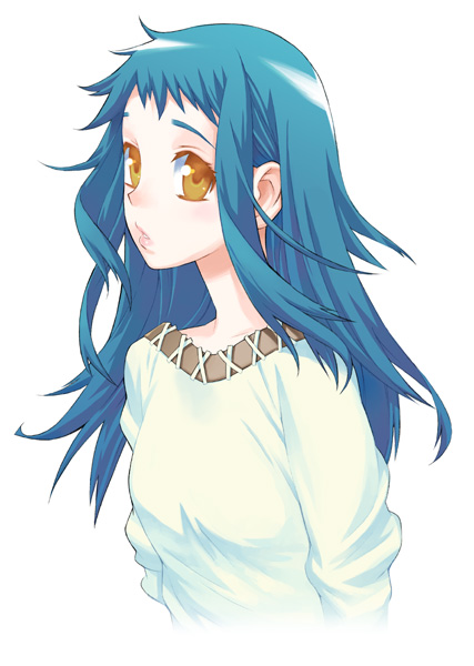 nakatomi ryo, nakatomi ryou, original, 1girl, blue hair, brown eyes, female focus, long sleeves, looking at viewer, portrait, shirt, sidelocks, simple background, solo, upper body, white background, white shirt