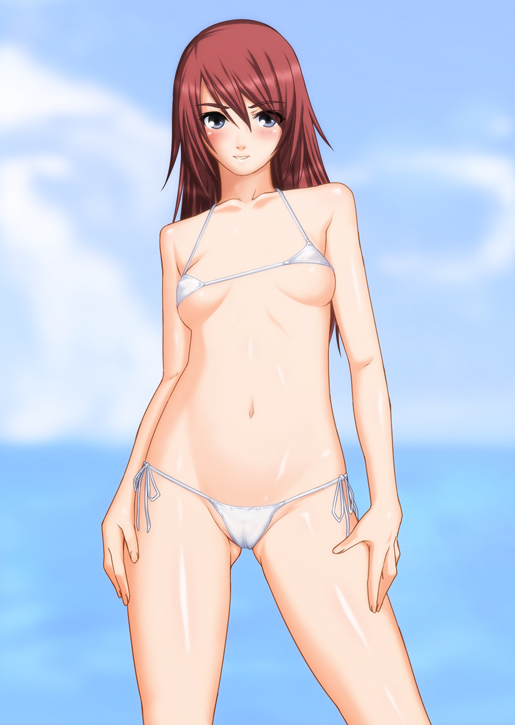 mishima toshihiro, original, 1girl, bikini, blue eyes, blush, cameltoe, day, female focus, red hair, side-tie bikini bottom, solo, string bikini, swimsuit, white bikini