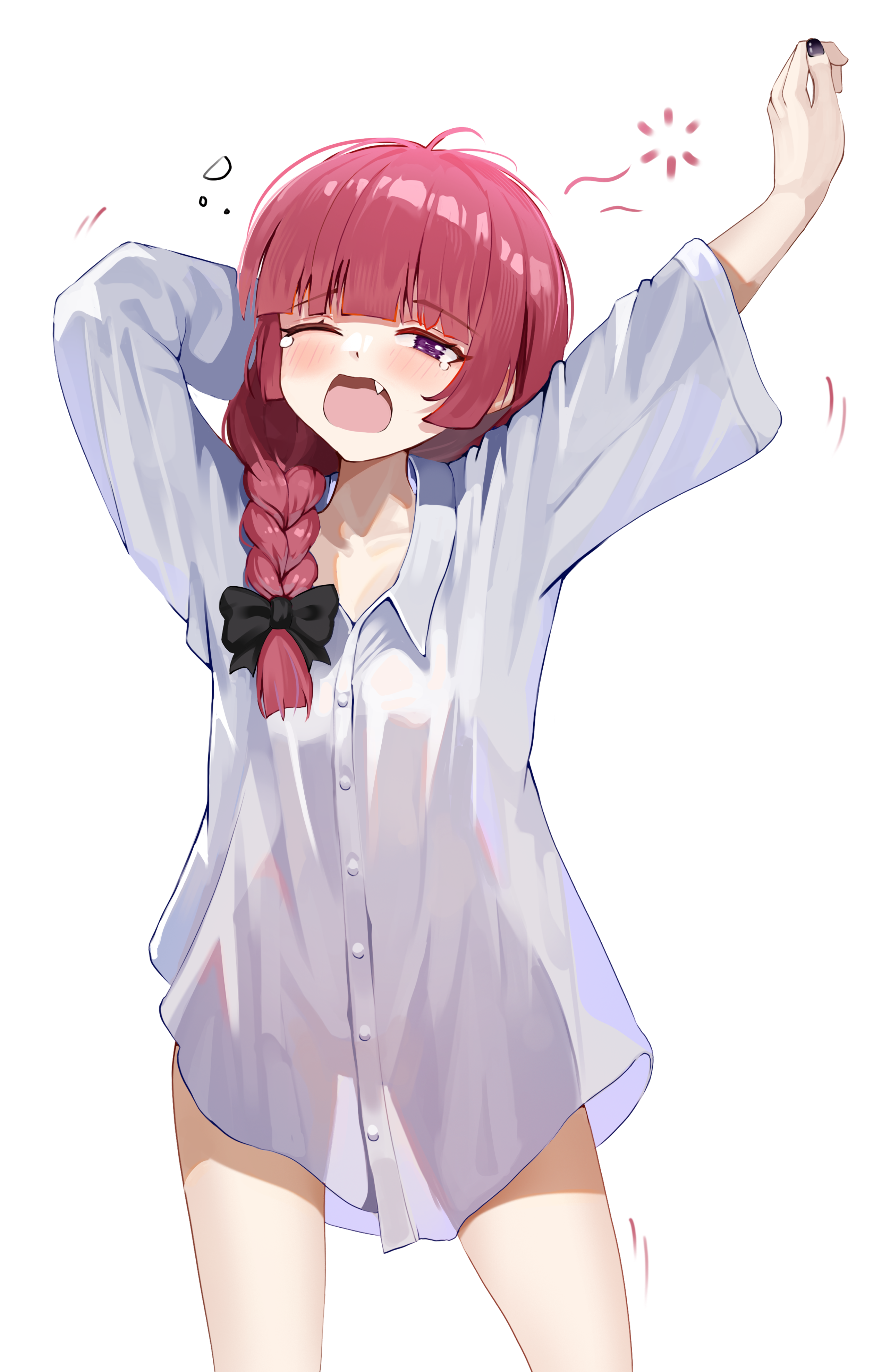 agm, hiroi kikuri, bocchi the rock!, absurdres, commentary request, highres, 1girl, :o, arm behind head, arm up, black bow, black nails, black ribbon, blunt bangs, blush, bow, braid, braided ponytail, breasts, collarbone, collared shirt, cowboy shot, dress shirt, eyelashes, fang, flying teardrops, hair bow, hair over shoulder, hair ribbon, head tilt, long shirt, long sleeves, looking at viewer, messy hair, motion lines, nail polish, naked shirt, narrowed eyes, no pants, one eye closed, open mouth, oversized clothes, oversized shirt, purple eyes, raised eyebrows, red hair, ribbon, see-through silhouette, shirt, simple background, single braid, sleepy, small breasts, solo, spread legs, squeans, standing, stretching, tearing up, thigh gap, waking up, white background, white shirt, wide sleeves, yawning