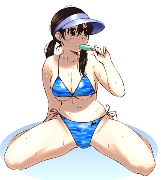 jinroku, original, visor, 1girl, bikini, blue bikini, blush, breasts, brown hair, eating, female focus, food, hat, large breasts, popsicle, side-tie bikini bottom, solo, swimsuit, underboob, visor cap, water, wet
