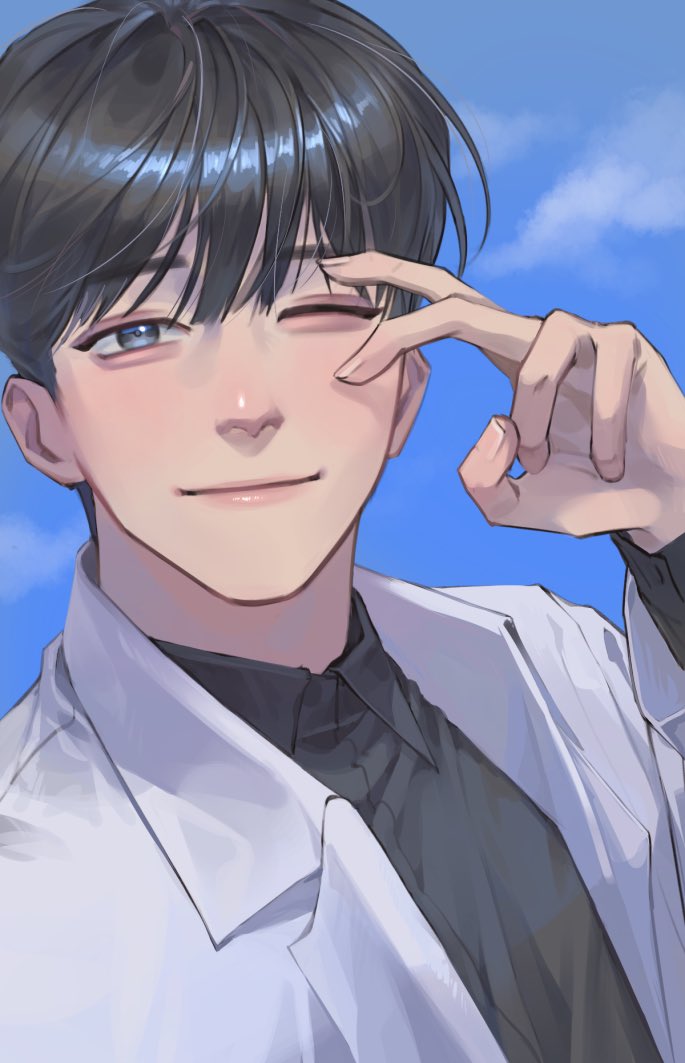 guding nut, kim dokja, omniscient reader's viewpoint, 1boy, ;), black hair, black shirt, coat, collared shirt, hand up, looking at viewer, male focus, one eye closed, open clothes, open coat, popped collar, shirt, short hair, smile, solo, upper body, white coat