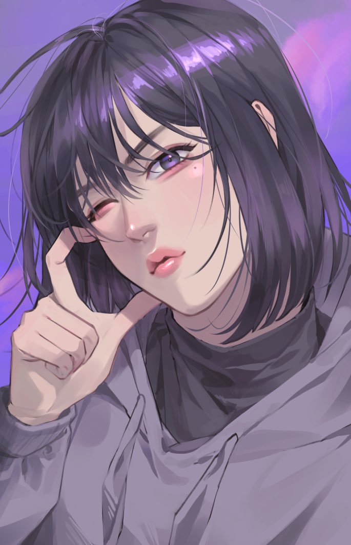 guding nut, han sooyoung, omniscient reader's viewpoint, 1girl, ;o, aegyo sal, black eyes, black hair, black shirt, bob cut, grey hoodie, half-heart hands, hand on own face, head tilt, hood, hood down, hoodie, mole, mole under eye, one eye closed, parted lips, purple theme, shirt, solo, upper body