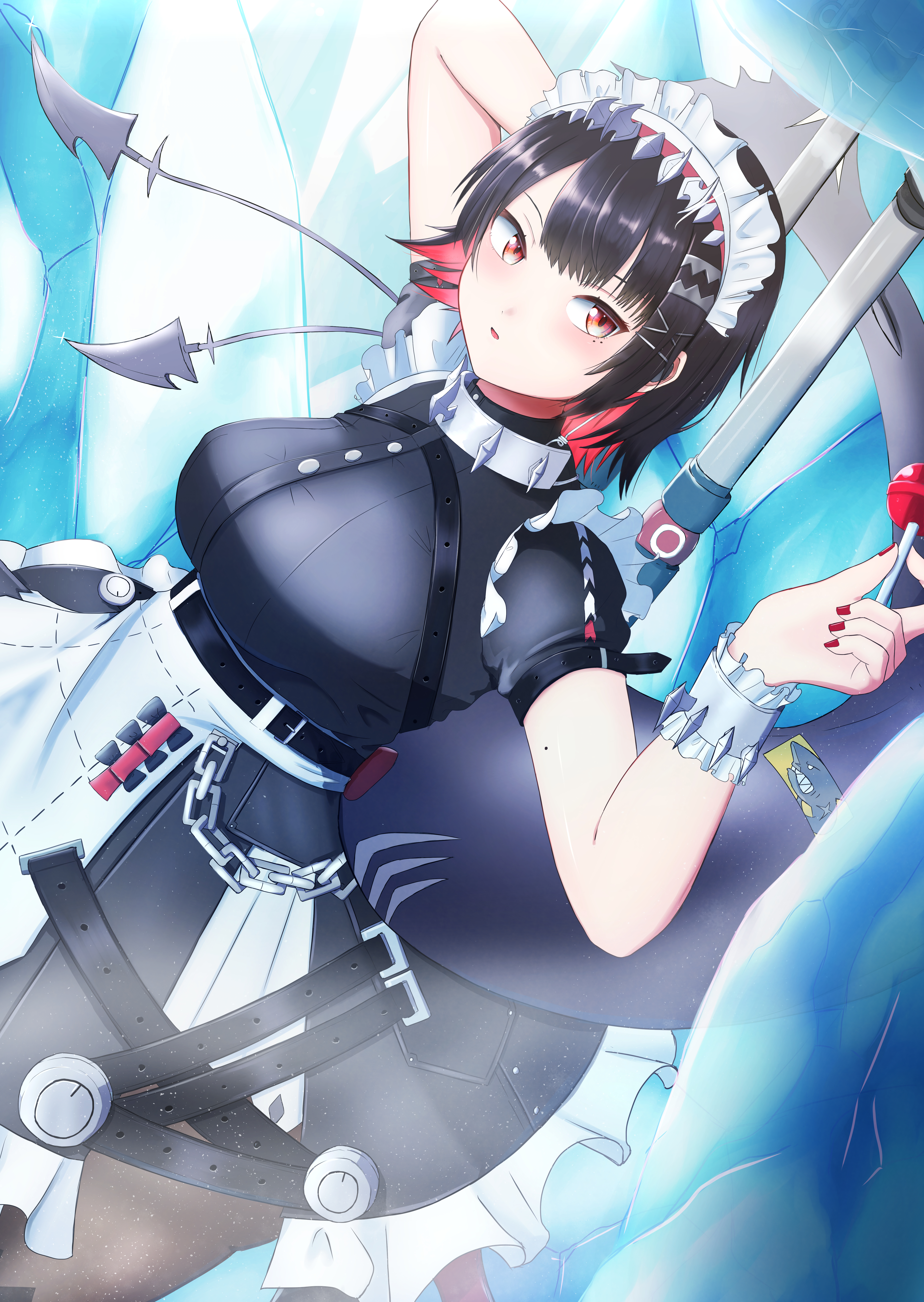 wenue enue0848, ellen joe, zenless zone zero, absurdres, highres, 1girl, apron, arm up, black dress, black hair, breasts, candy, colored inner hair, dress, fins, fish tail, food, frilled apron, frilled wrist cuffs, frills, hair ornament, holding, holding candy, holding food, holding lollipop, large breasts, lollipop, maid apron, maid headdress, mole, mole under eye, multicolored hair, open mouth, pink hair, red eyes, red nails, shark girl, shark tail, short hair, short sleeves, solo, tail, white apron, wrist cuffs