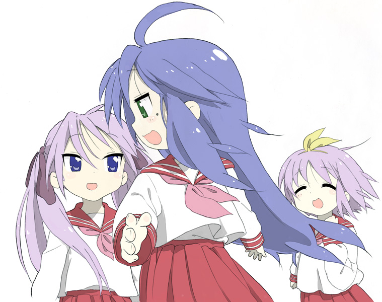 type?, hiiragi kagami, hiiragi tsukasa, izumi konata, lucky star, 00s, 3girls, :d, = =, ^ ^, ahoge, blue eyes, blue hair, closed eyes, long sleeves, looking back, mole, mole under eye, multiple girls, open mouth, pink hair, pleated skirt, red skirt, sailor collar, school uniform, serafuku, siblings, simple background, sisters, skirt, smile, sweat, twins, twintails, white background