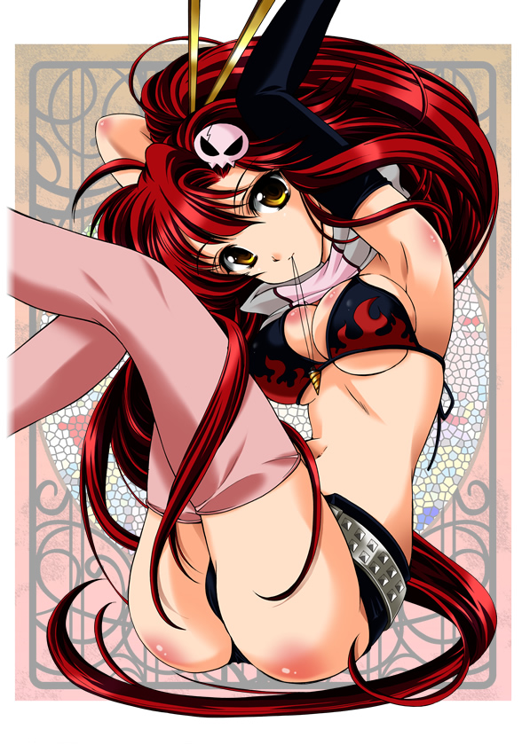 aizawa hiroshi, yoko littner, tengen toppa gurren lagann, 00s, 1girl, belt, bikini, bikini top only, breasts, female focus, hair ornament, large breasts, long hair, mouth hold, ponytail, red hair, short shorts, shorts, skull, skull hair ornament, solo, studded belt, swimsuit, thighhighs, underboob, very long hair, yellow eyes