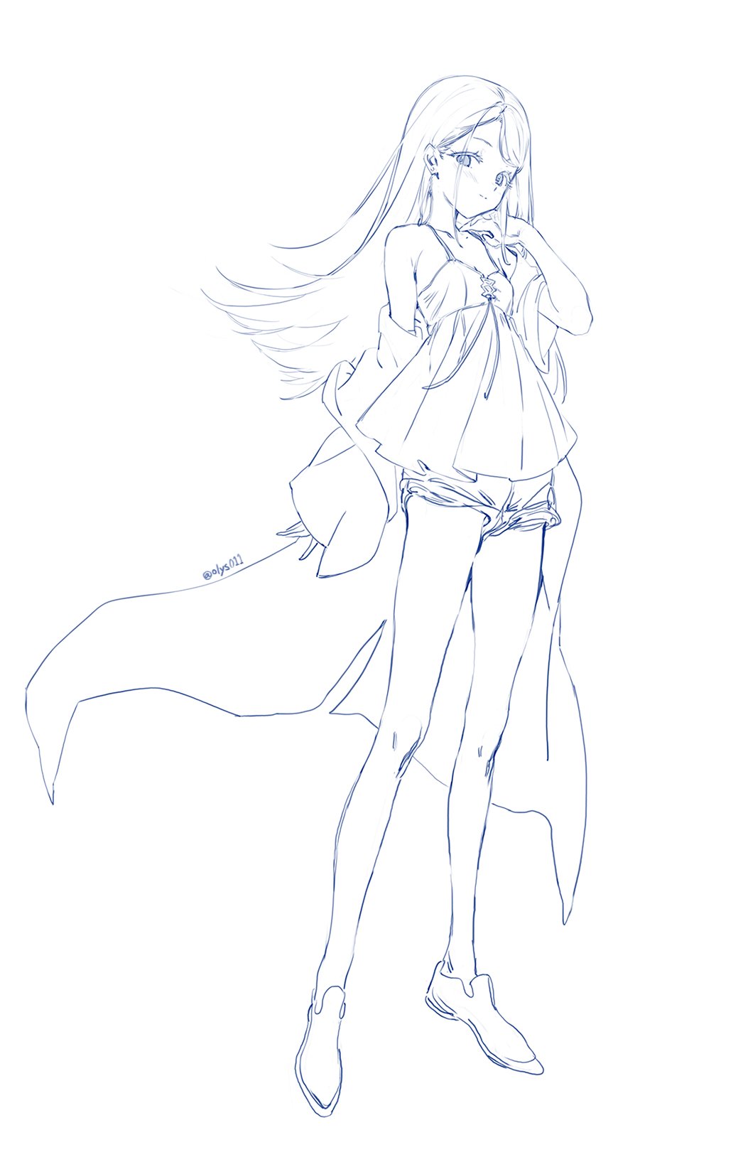 olys, shinosawa hiro, gakuen idolmaster, idolmaster, 1girl, full body, long hair, monochrome, shorts, solo, standing